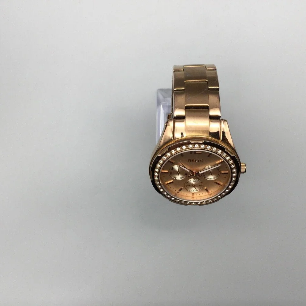 Relic Womens 37mm Gold Tone Watch Crystals Day Date Stainless New Battery 6.5